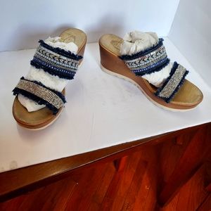 WEDGE ,SANDALS,LOTS OF BLING, DISTRESS DENIM. SIZE 10